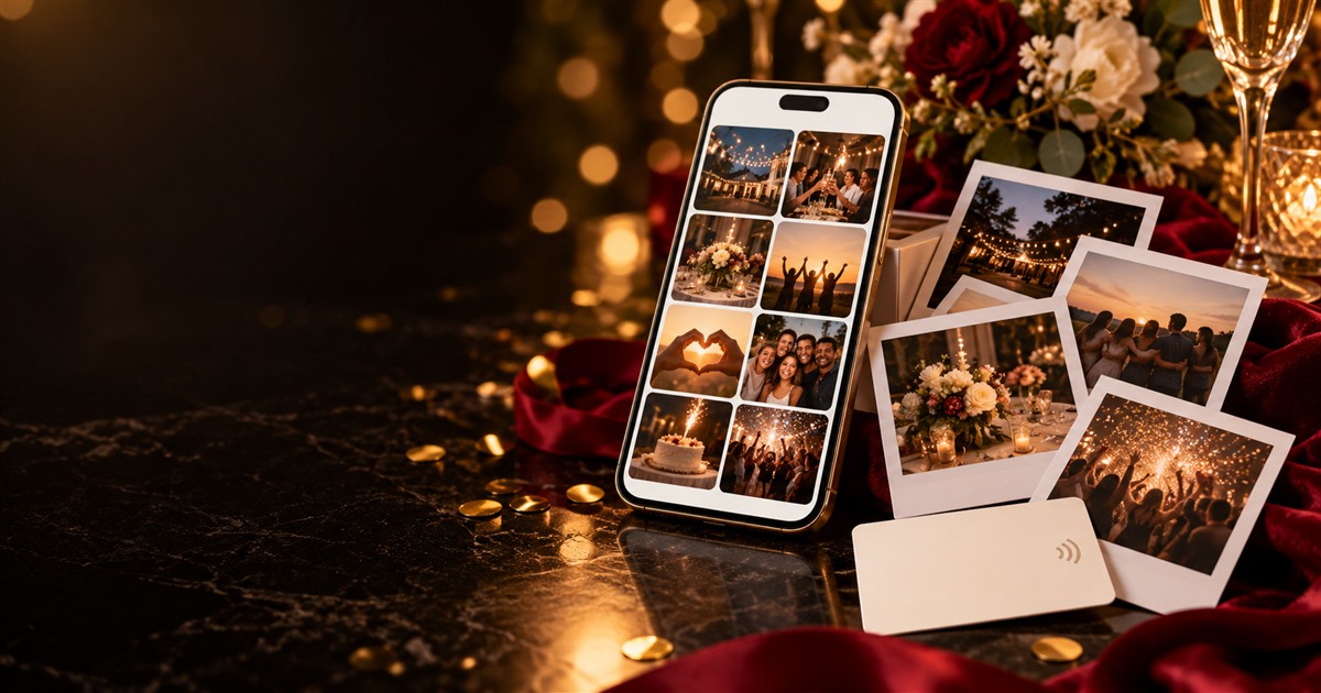 Teléfono con una galería digital y fotografías impresas de una celebración